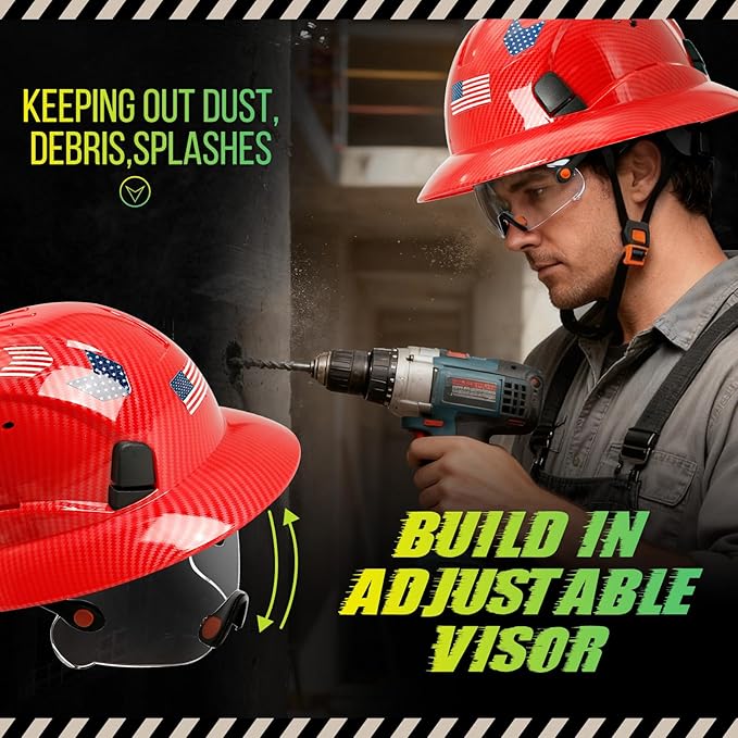 Carbon Fiber Pattern Full Brim Hard Hat with Visor-OSHA Approved Construction Safety Helmet for Men Women,ANSI Z89.1 Vented Reflective Hardhat with Hard Hat Chin Strap,6-Point Suspension