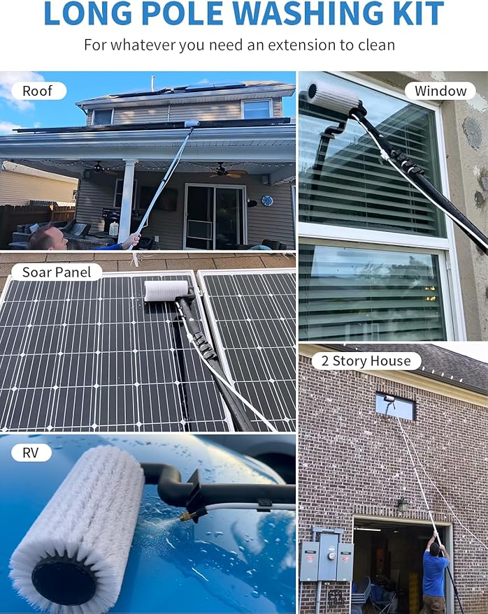 Solar Panel Cleaning Brush and Pole, 20FT Electric Cleaning Roller Brush with Telescopic Water Fed Pole, 100Mins Runtime, 2 Spin Speeds, Outdoor Window Cleaning System for Solar Panel, Window, Roof