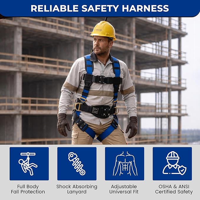Sorano Safety Harness Fall Protection, Full Body Roofing harnesses with Shock Absorbing Lanyard for Men & Women OSHA/ANSI Compliant, Upgrade 4 Quick Buckles