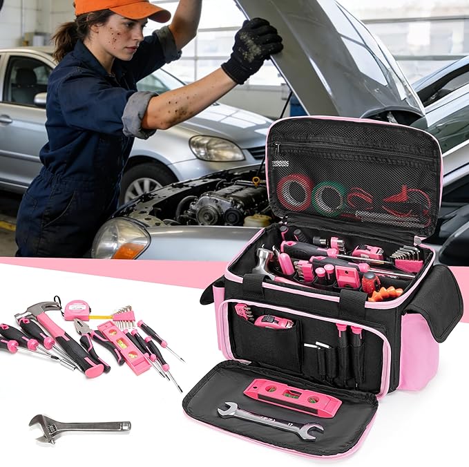 Pink Tool Bag for Women, Tool Storage Organizer with Anti-friction and Thick Padded Bottom, Tactical Range Bag, Multi-functional Work Bag for Repairman, Electrician, Carpenters, Pink