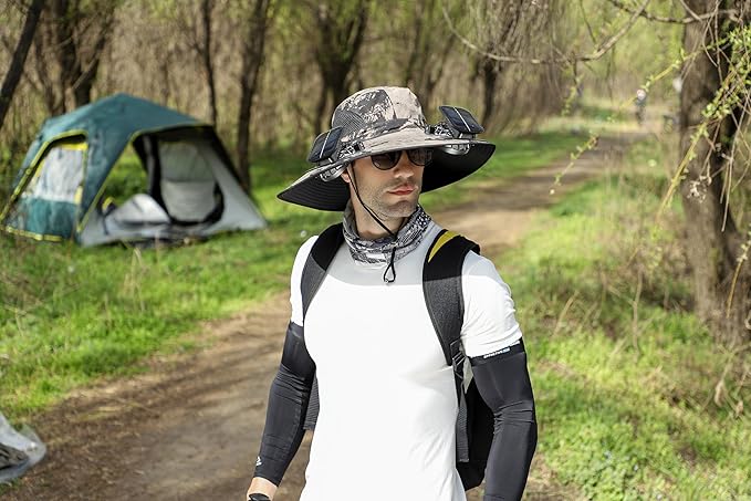Solar Fan Hat Rechargeable 2Detachable Solar Fans,Water-Repellent Wide Brim Bucket Hat, Outdoor Camping Hiking Golf Sun Hat
