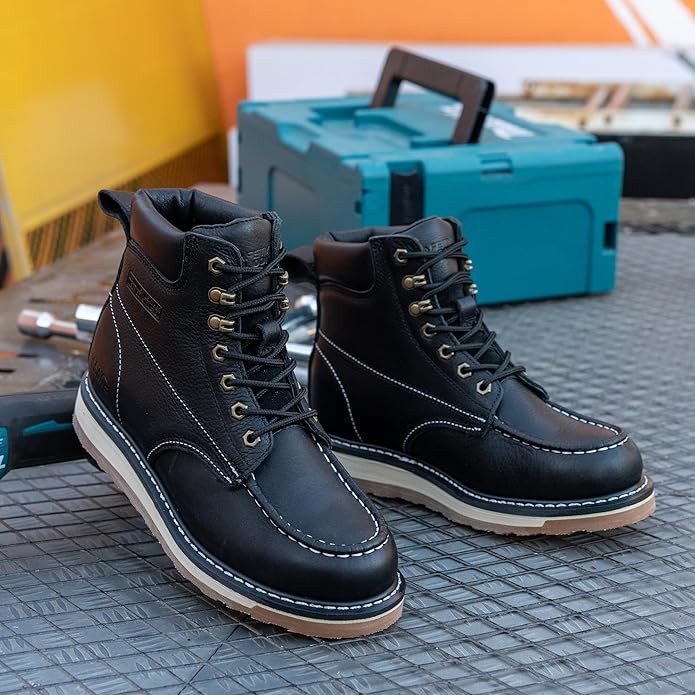 Moc Toe Work Boots for Men Waterproof Soft/Steel Toe Comfortable Full Grain Leather Non Slip Wedge Outsole Construction 6" Workboots