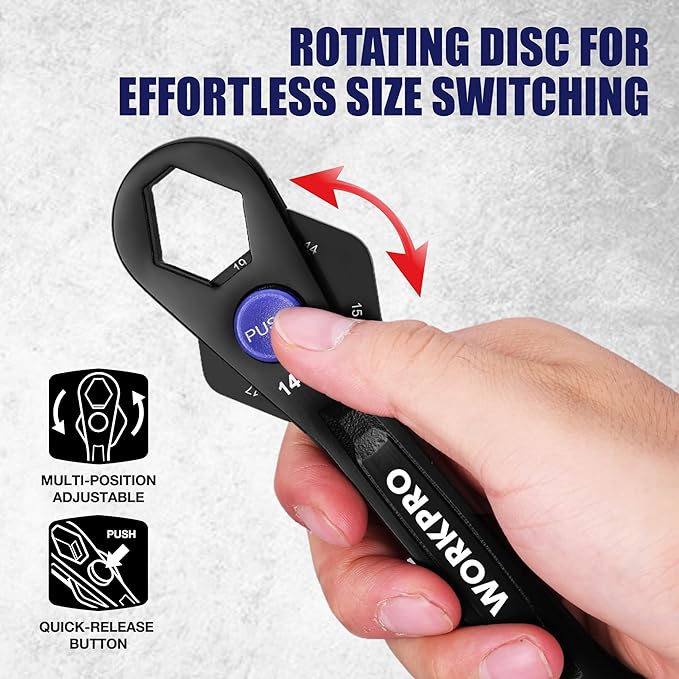 WORKPRO 12-in-1 Universal Wrench, Metric 8-19mm Adjustable Wrench with Heat-Treated Cr-Mo Steel, ASME Standard, Multi-Position Head, Multi-Size Compact Spanner for Mechanics, Cars, and Motorcycles