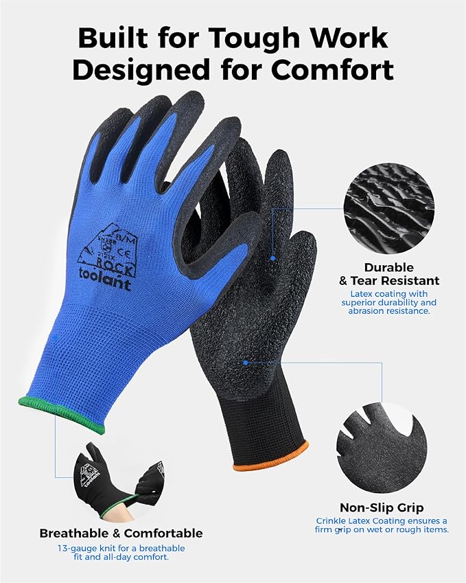 toolant Crinkle Latex Work Gloves Bulk, Rubber Coated Safety Work Gloves for Men and Women, 12 Pairs for Construction, Gardening, Warehouse (Black & Blue, XX-Large)