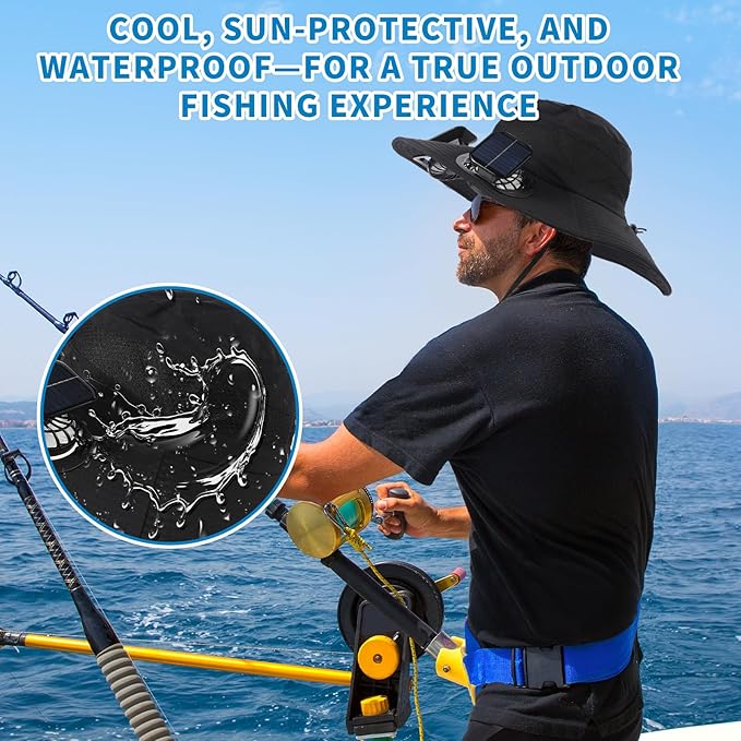 Hat with Fans Solar Power Cooling Hat with Fan Fishing Hat for Men Wide Brim Effective Sun Protection for Men Women Fishing Hiking Outdoors Uv Protection Breathable Black
