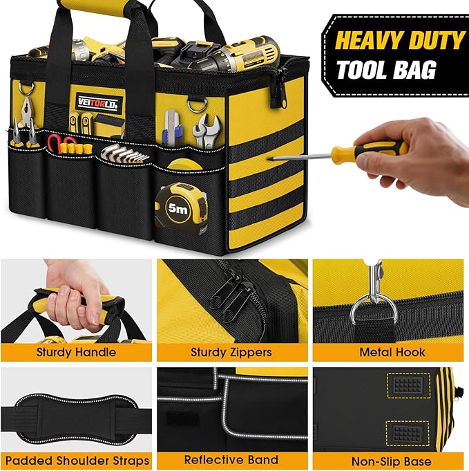 16-Inch Heavy Duty Tool Bag, 19-Pockets Tool Box Organizer, Portable Toolbag W/Soft Handle for Organized Storage, Mechanic Gifts for Men Dad Husband Fathers Day, Wide Mouth Electrician Toolbox, Yellow