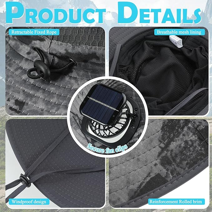 Berlune Men Sun Hat with 2 Solar Fans Wide Brim Outdoor Fishing Hat USB & Solar Powered for Sun Protection Camping Hiking