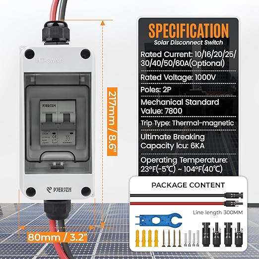 Solar Panel Disconnect Switch 1000V DC/AC 60A PV Disconnect Switch Outdoor Miniature Circuit Breaker IP65 More Space Quick Installation for Solar PV Array Homes Battery (1000V 60 Amp)