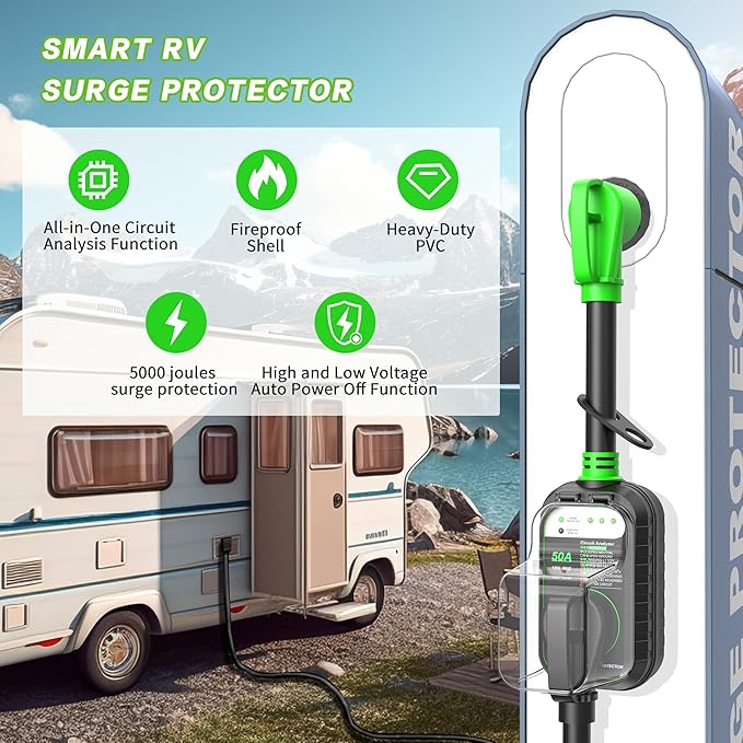 EyGde RV Surge Protector 50 Amp, RV Circuit Analyzer with Waterproof Cover, RV Accessories Power Voltage Protection Guard for Camper Travel Trailers