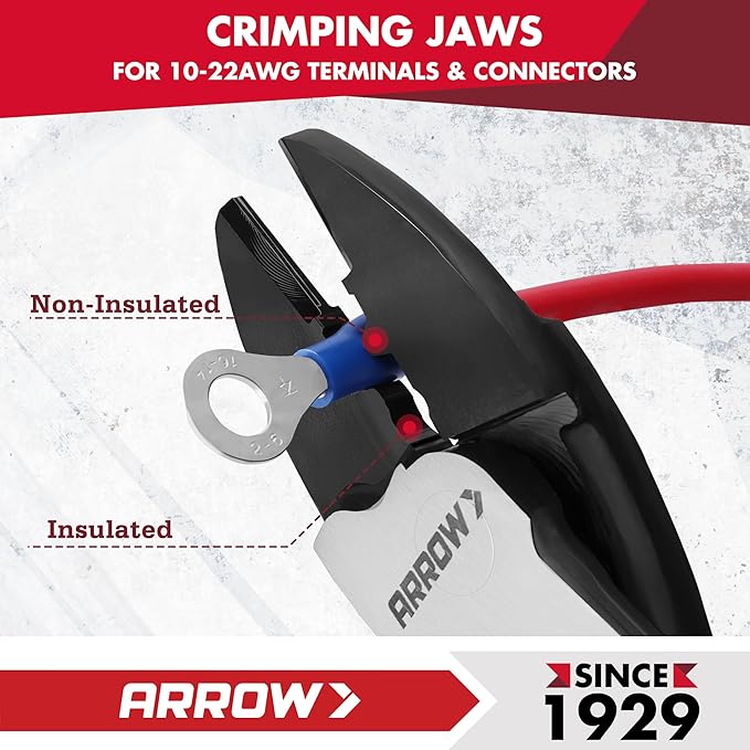 ARROW 9.5" Wire Crimper/Cutter, Wire Crimping Tool with Thick Dip-Grip Handle, CR-V Steel, Crimper Tool Electrical for 10–22 AWG Insulated & Non-Insulated Terminals and Connectors (Pack of 2)