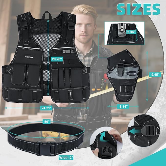 MELOTOUGH Tool Vest for Men with Pouches and Belt, Adjustable Multi-Pocket Safety Tool Vest for Electrician, Carpenter(Black)