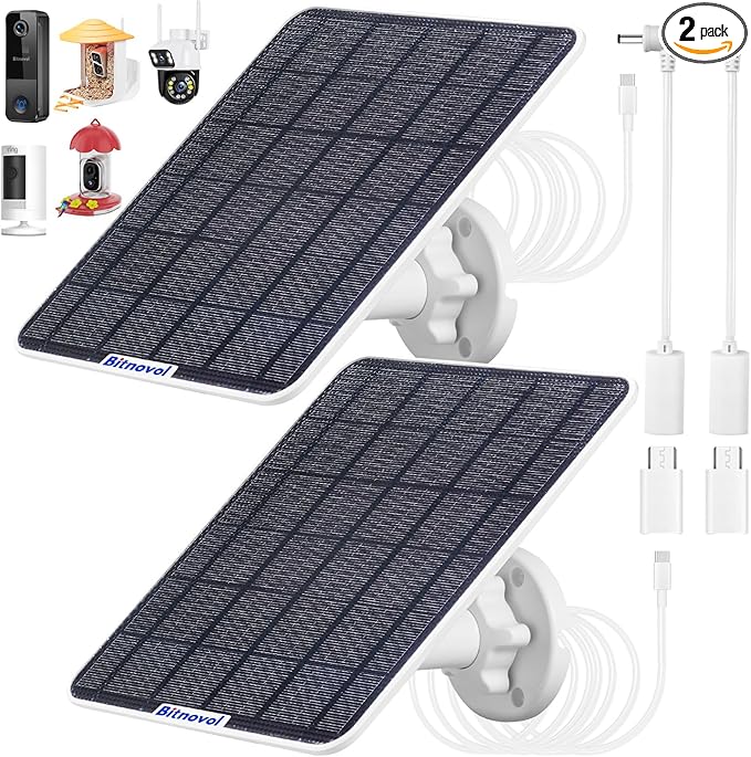 8W 2 Pack Solar Panel for Bird Feeder Camera,USB C Solar Panel Charger Match to Rechargeable Battery Powered Security Cameras,Ring Camera Solar with IP65 DC USB Ports 9.8ft Cable 360° Swivel Bracket