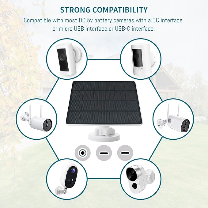 8W Solar Panel Compatible with Rechargeable Battery Powered Cam, for Security Camera Outdoor, 5V Camera Solar Charger Waterproof with Micro USB/USB-C Port/DC 3.5mm 3in1 Cable, 360° Adjustable Bracket