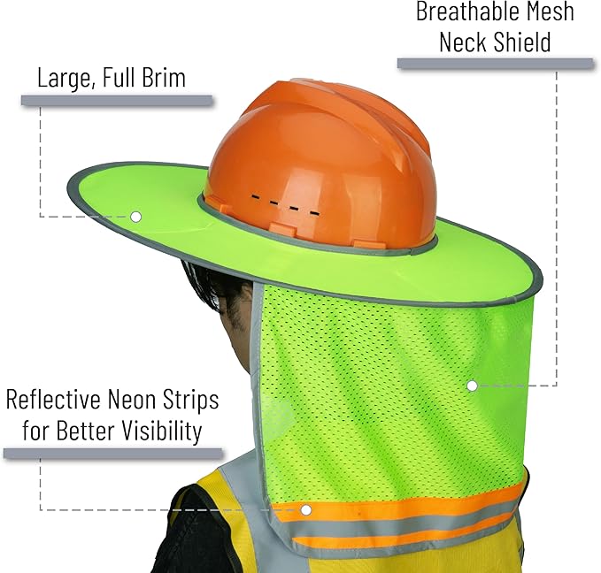 UNCO- Hard Hat Sun Shield, 2 Pack, Orange and Green, Full & Standard Brim Mesh Sunshade High Visibility Reflective, Hard Hat Accessories