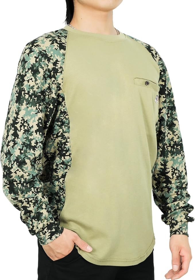 BOCOMAL FR Shirts Crewneck 5.5oz Lightweight Cotton Paisley Camo Two-Tone Flame Resistant Long Sleeve CAT2 Work Shirt