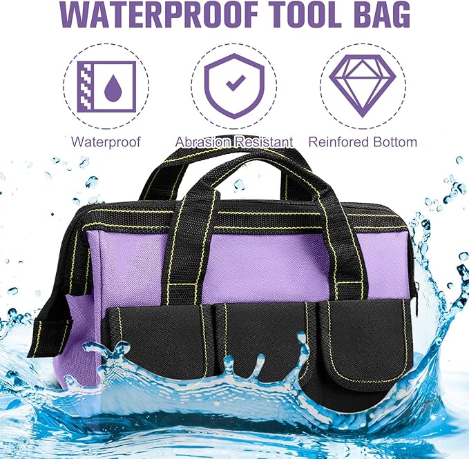 Sanwuta 3 Pack Tool Bag for Men with Waterproof Hard Bottom, Heavy Duty Tool Bag Wide Mouth Tote for Various Instrument, Electrician Carpenter Mechanic(Red, Pink, Light Purple,13 Inch,Classic)