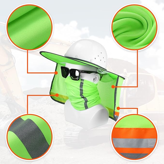SATINIOR 2 Pcs Sun Hard Hat Neck Protection High Visibility Full Brim Mesh Sun Protection and Neck Gaiter Bandana Face Scarf for Construction Helmet Hard Hat Accessories, Reflective(Green)