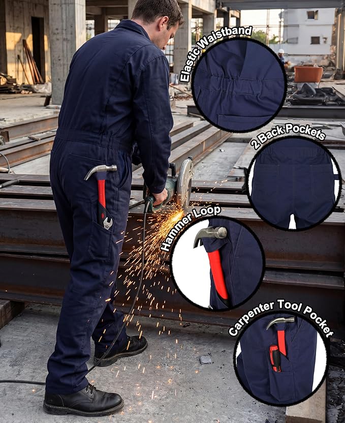 BOCOMAL FR Coveralls Men 7.5oz Cotton Twill Flame Resistant Fire Retardant Work Coverall NFPA 2112 HRC2