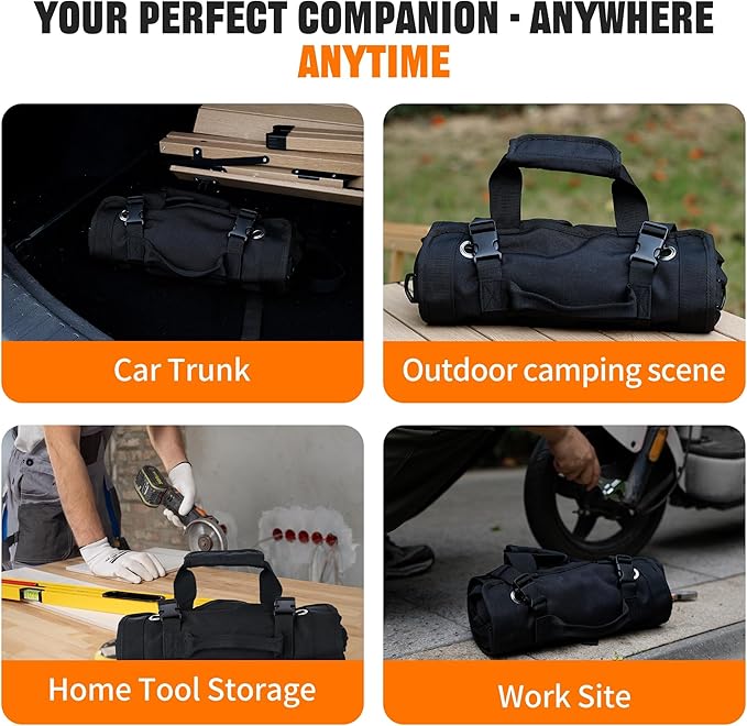 Portable Foldable Roll Up Tool Bag Organizer with 5 Compartments & 2 Detachable Pouches, Heavy Duty Waterproof Tool Pouch Bag for Secure Tool Storage, Tool Roll for Dad Men Electrician Mechanic Gifts