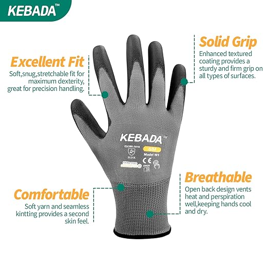 Kebada Safety Work Gloves,120 Pairs Bulk Pack, Touchscreen, PU Coated, Ideal for Warehouse, Construction, Gardening and Mechanics, Grey, X-Large