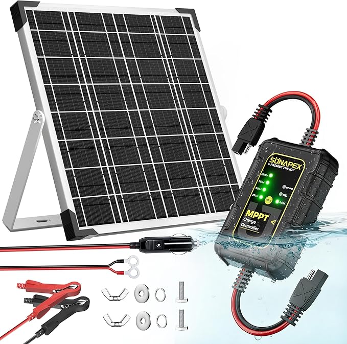 SUNAPEX 12V Solar Battery Charger: 25W Waterproof Solar Panel Kit- Aluminum Trickle Charger for Car Battery with MPPT Controller - Battery Tender Motorcycle Boat Marine RV Trailer Tractor Truck