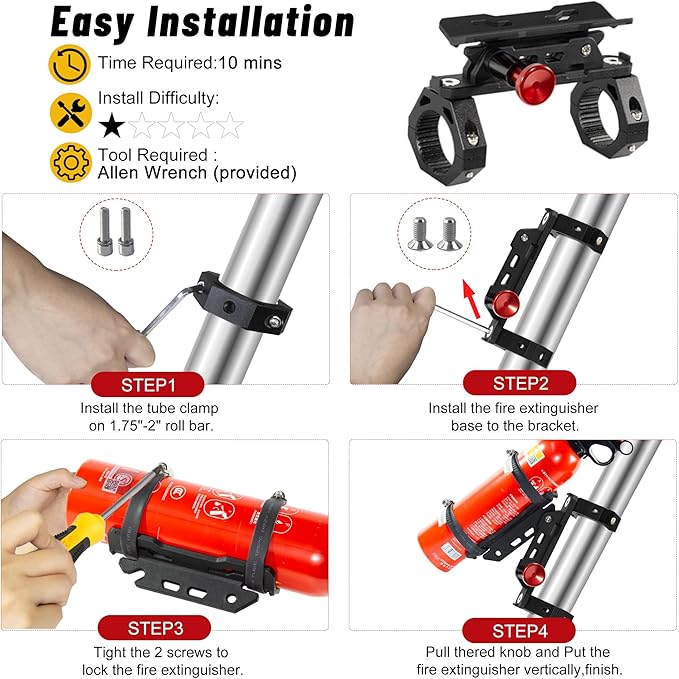 UTV Fire Extinguisher Mount Kit- Quick Release Roll Bar Fire Extinguisher Holder with Aluminum Bracket for Any Vehicle with 1.75"-2" Roll Bar, Compatible with Polaris RZR/Can Am X3/Jeep Wrangler