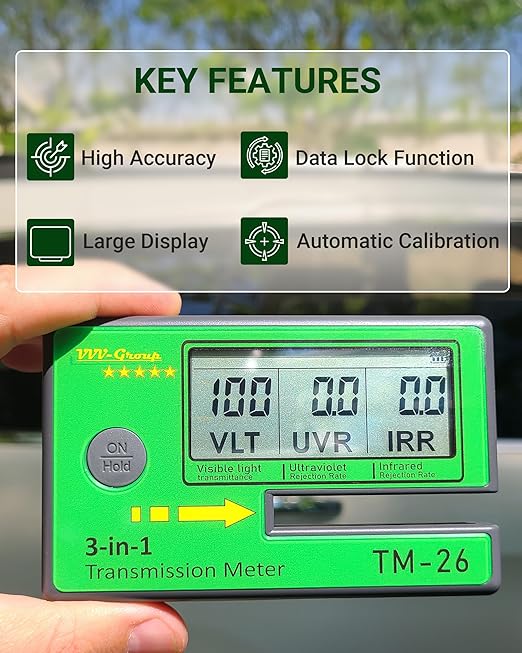 Digital Window Tint Meter TM-26 – Automotive VLT Tester with UVR & IRR Measurement, 8mm Slot Light Transmittance Meter for Car Side Windows and Solar Film Inspection (Without PU Case)