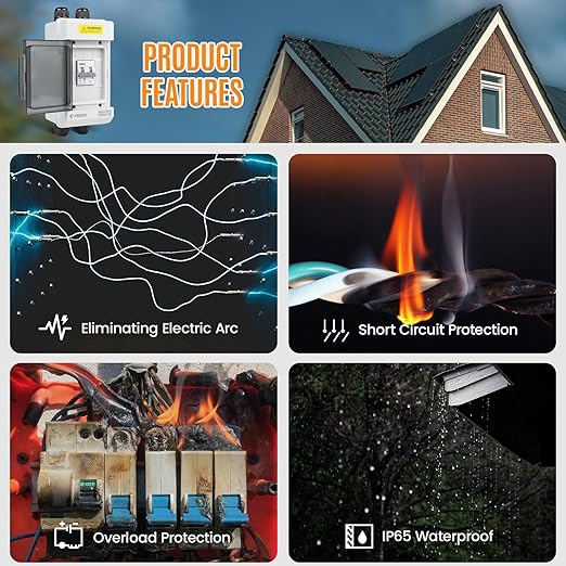 Solar Panels Disconnect Switch 30A 400VDC PV Shut Off Switch Outdoor 1 in 1 Out Circuit Breaker Box IP66 Waterproof UV-Proof