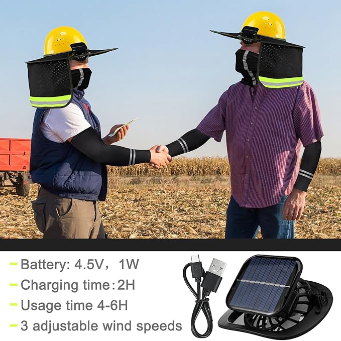 1 Set Sun Hard Hat Shade Full Brim Hard Hat Sun Visor with Solar Fans and Neck Sunshade Cover UV Reflective Strap Arm Sleeves Summer Protection Accessories
