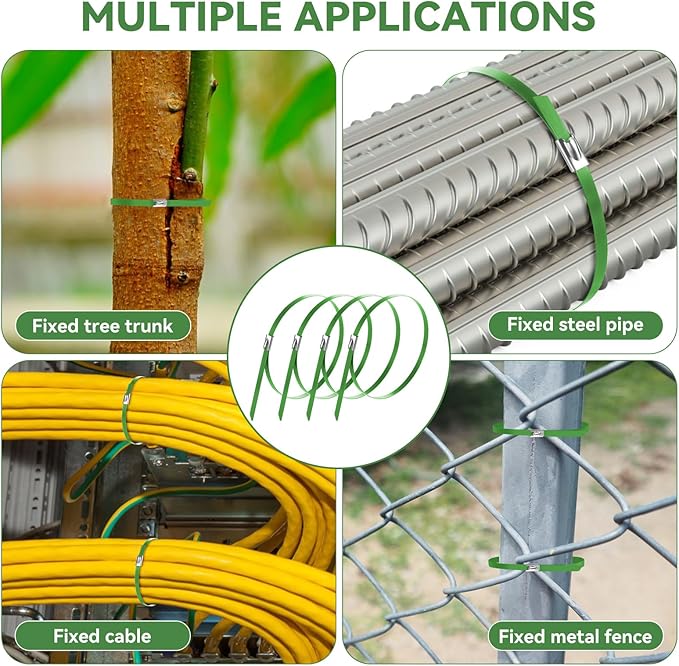 Green Metal Zip Ties Heavy Duty 11.8 inch for Outdoor Use, Stainless Steel Epoxy Coated Cable Chain Link Fence Zip Ties, Durable Metal Wire Ties Strap UV Resistant