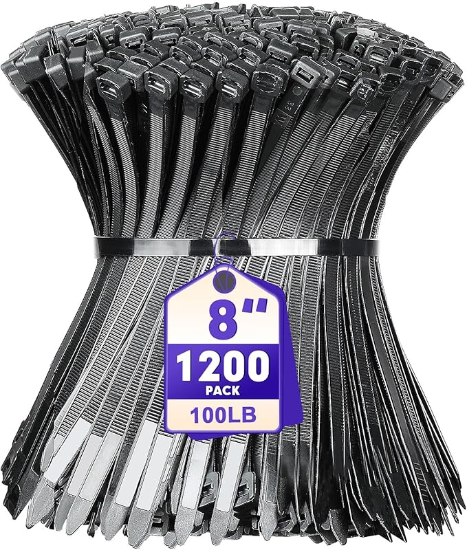 Zip Ties, RAZCC 1200pcs Black Cable Zip Ties 8 Inch, Heavy Duty Plastic Wire Ties with 100lb Tensile Strength, Self-Locking Black Nylon Tie Wraps for Indoor and Outdoor