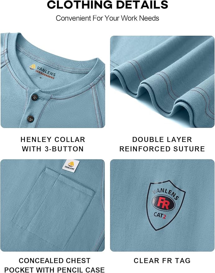 FR Shirts for Men Light Weight Flame Resistant Henley Shirts Long Sleeve Shirts HRC2/CAT2 6.5oz 100% Cotton