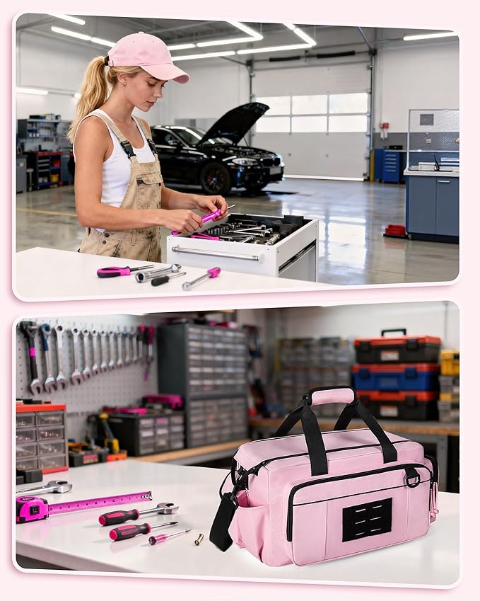 Tactical Tool Bag for Women, 16 Inches Tool Storage Organizer Box with Wide Mouth, Large Toolbag Toolbox with Handle, Pink (Empty Bag Only)