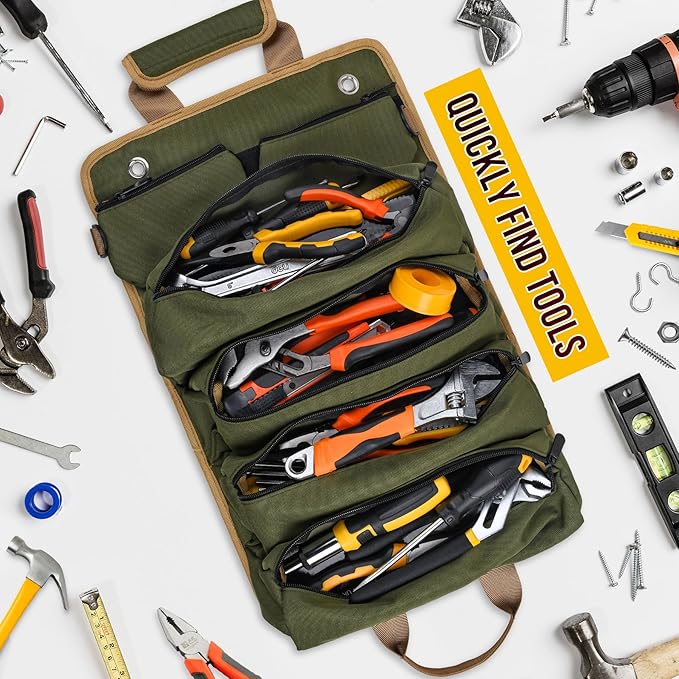 Tool Bag, Tool Bags for Men, Heavy Duty Tool Organizer, Portable Roll Up Tool Bag Gifts For Him, Mechanic, Electrician and Hobbyist, Car Tool Roll Organizer -Green