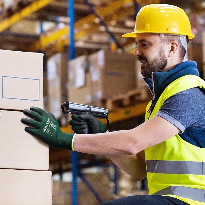 KAYGO Work Gloves for Men and Women,12 Pairs Seamless Knit PU Coated Safety Gloves, with Smooth Grip on Palm and Fingers, Ideal for Light Warehouse, Manufacturing, Gardening, KG11P (XL,Dark Green)