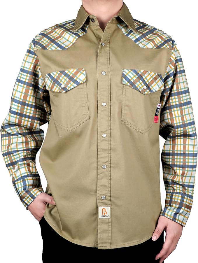 BOCOMAL FR Shirts Pearl Snaps Two Tone Plaid/Solid Flame Resistant Cotton Welding Shirt NFPA 2112 CAT 2