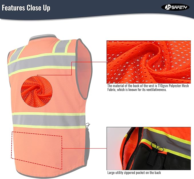 JKSafety Hi-Vis Unisex Surveyor Safety Vest Heavy Duty PPE Inner Pockets ANSI/ISEA Compliant