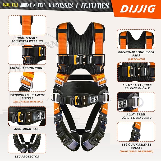 Safety Harness Fall Protection Kit with Shock Absorbing Lanyard & Suspension Trauma Safety Straps Upgrade Quick Buckles, Roofing Harness Construction Harness Para Construccion ANSI Compliant Orange