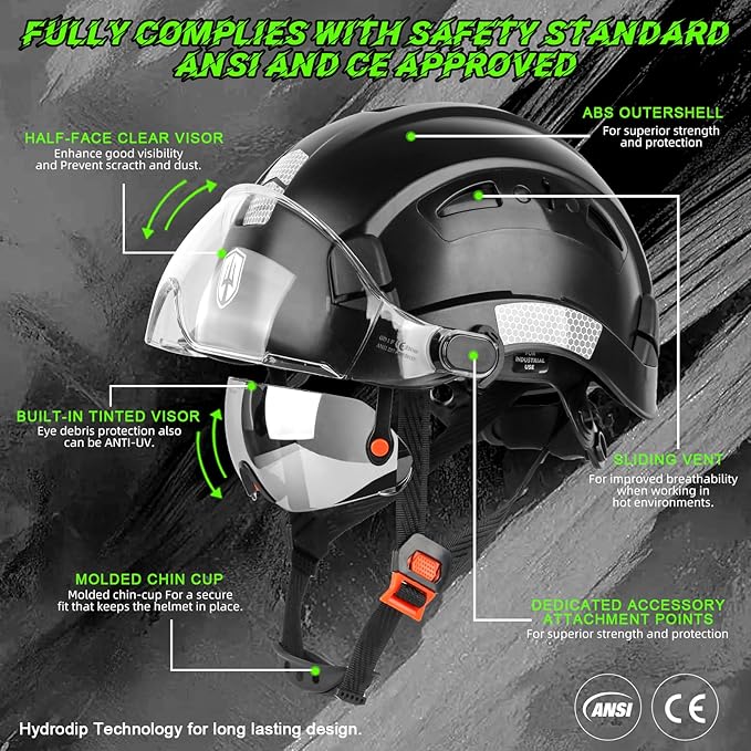 GREEN DEVIL Safety Hard Hat with Tinted & Clear Visor Vented Construction Helmet Cascos de Construccion ABS Work hardhats for Men