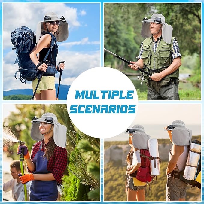 Chuarry Wide Brim Sun Hat with 2 Fan Outdoor Solar Powered USB Charging Fishing Hat with Neck Flap for Men Women