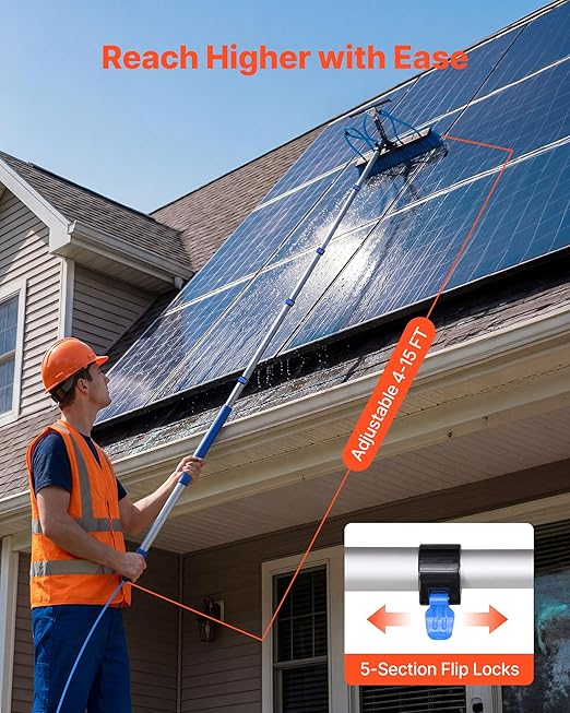 VEVOR Solar Panel Cleaning Kit, 15 ft, Water Fed Pole Kit with Cleaning Brush, Squeegee, Soap Dispenser, Extendable Aluminum Telescopic Pole, 180° Rotatable Brush Head, for Roof Mounted Solar Panels