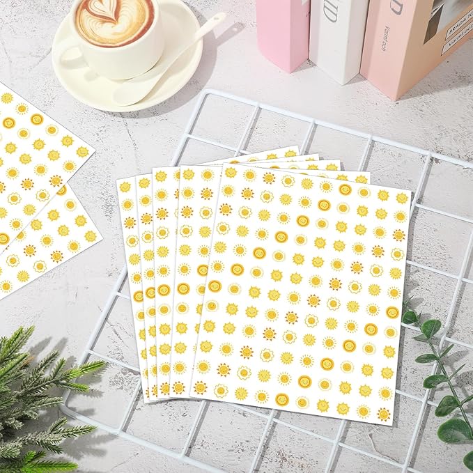 JarThenaAMCS 2400Pcs Mini Sun Sticker Cute Smile Face Paper Decals 9 Designs Yellow Self-Adhesive Stickers for Summer Envelopes Scrapbook Gifts DIY Supplies, 0.5 in