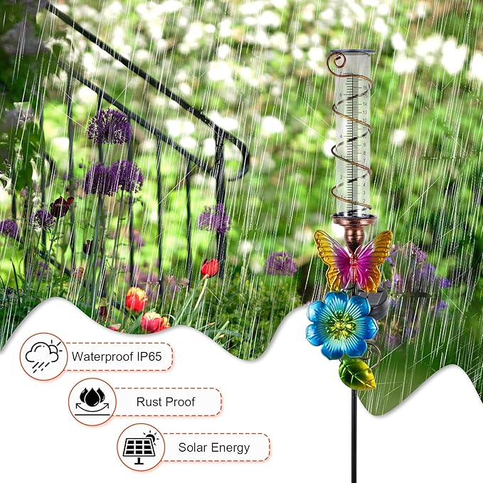 Rain Gauge Outdoor, Solar Rain Gauges for Yard, Freeze Proof Rain Gauge with 7" Plastic Tube, Butterfly Metal Decorative Garden Stake with Led Light, Blue