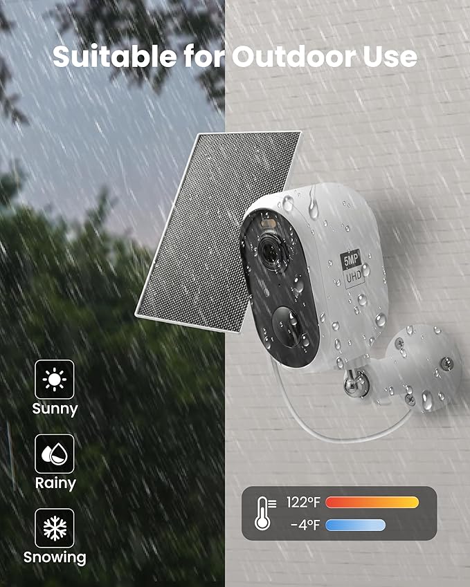 Solar Security Camera Outdoor Wireless, 5MP(3K) Color Night Vision, Battery Powered PIR Motion Detection,2.4GHz WiFi Cameras for Home Surveillance, Light and Sound Alarm, 2-Way Audio, Waterproof