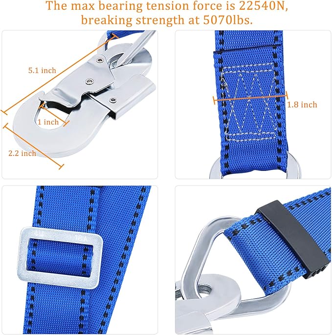 NTR Safety Harness Lanyard, Fall Protection Lanyard and Safety Belt Adjustable,from 4-Feet to 6-Feet Outdoor Tree Climbing Belt Restraint Lanyards With Large Snap Hooks