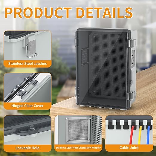 Joinfworld Outdoor Electrical Box, Waterproof Electrical Box WiFi Enclosure 11.8x6.7x5.6 Vented Electric Box Plastic Clear with Mounting Panel Cable Grommet Stainless Steel Dust Screen