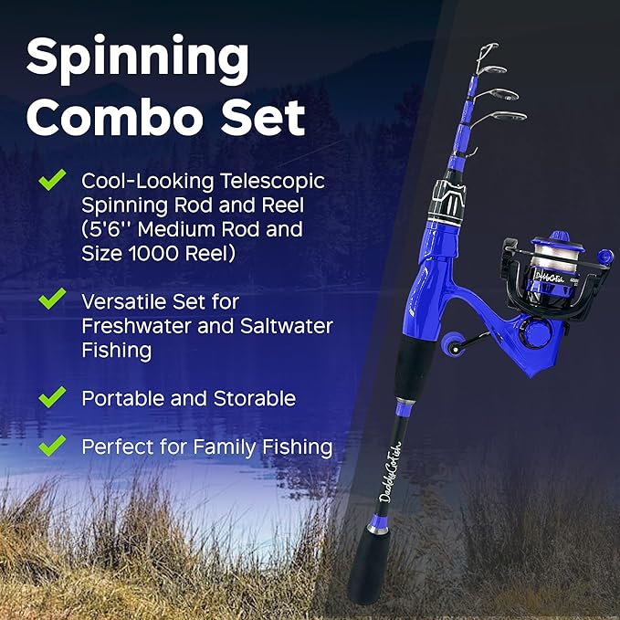 DaddyGoFish Spinning Fishing Rod and Reel Combo Set with Tackle Box | Kids Fishing Pole | Carbon Fiber Telescopic Fishing Rod Kit | Spinning Reel for Travel Saltwater Freshwater Fishing Gear Kit