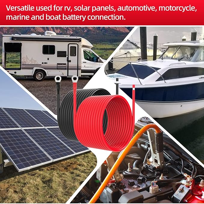 8 AWG Battery Cables 8 Gauge Solar Panel Wire Tinned Copper Extension Cable with 5/16'' Lugs for RV Solar Panel Car Automotive (8AWG 20FT)