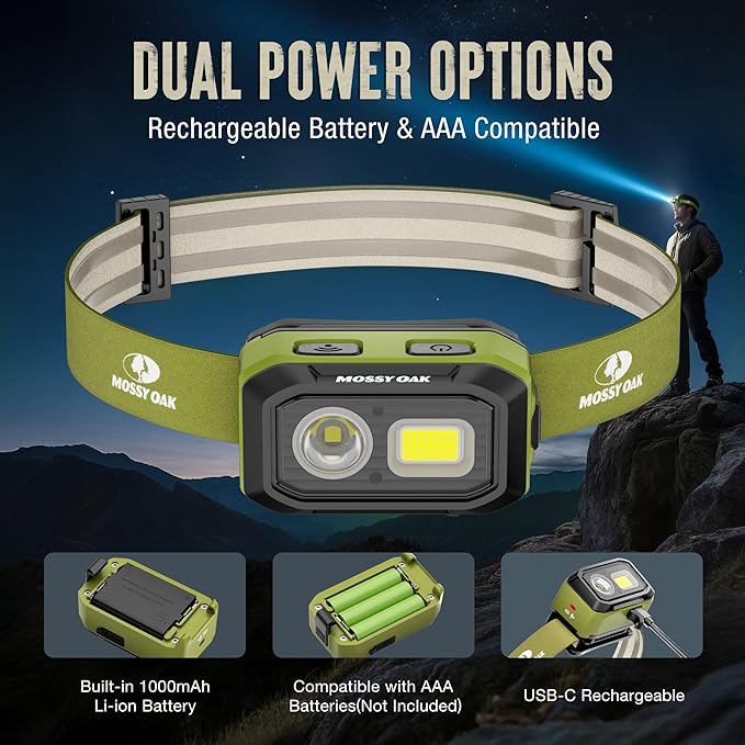 Mossy Oak 600 Lumens LED Headlamp, Dual Power Source, Motion Sensor Head Lamp with Magnetic Base, Stepless Dimming, Memory Mode for Camping, Running, Hiking, Valentine's Day