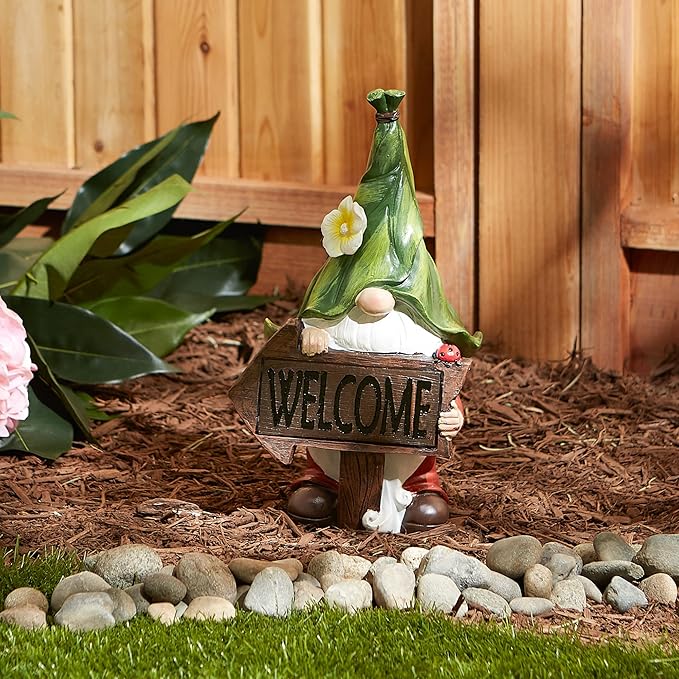 Accent Plus Gnome with Glowing Welcome Sign Solar Statue